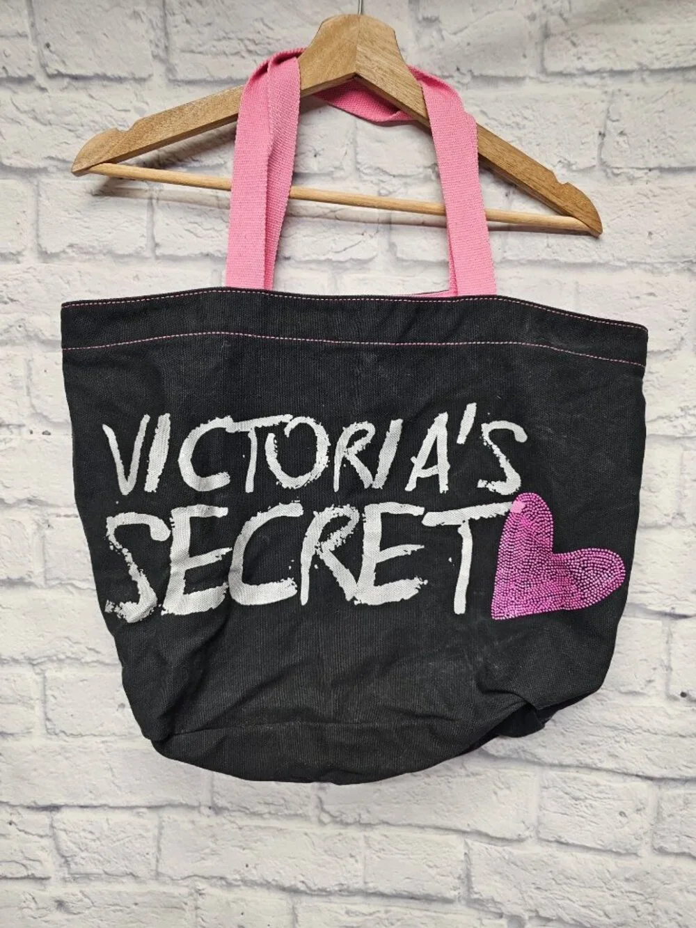 Victoria's Secret Black Pink Silver Shimmer Rhinestone Cloth Tote Open Bag